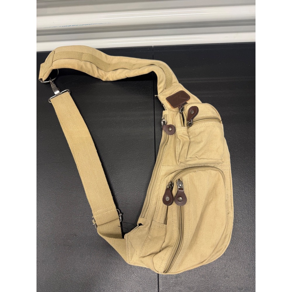 Vintage Tan Khaki Canvas Sling Bag Crossbody Backpack Padded Strap Multi-Pocket